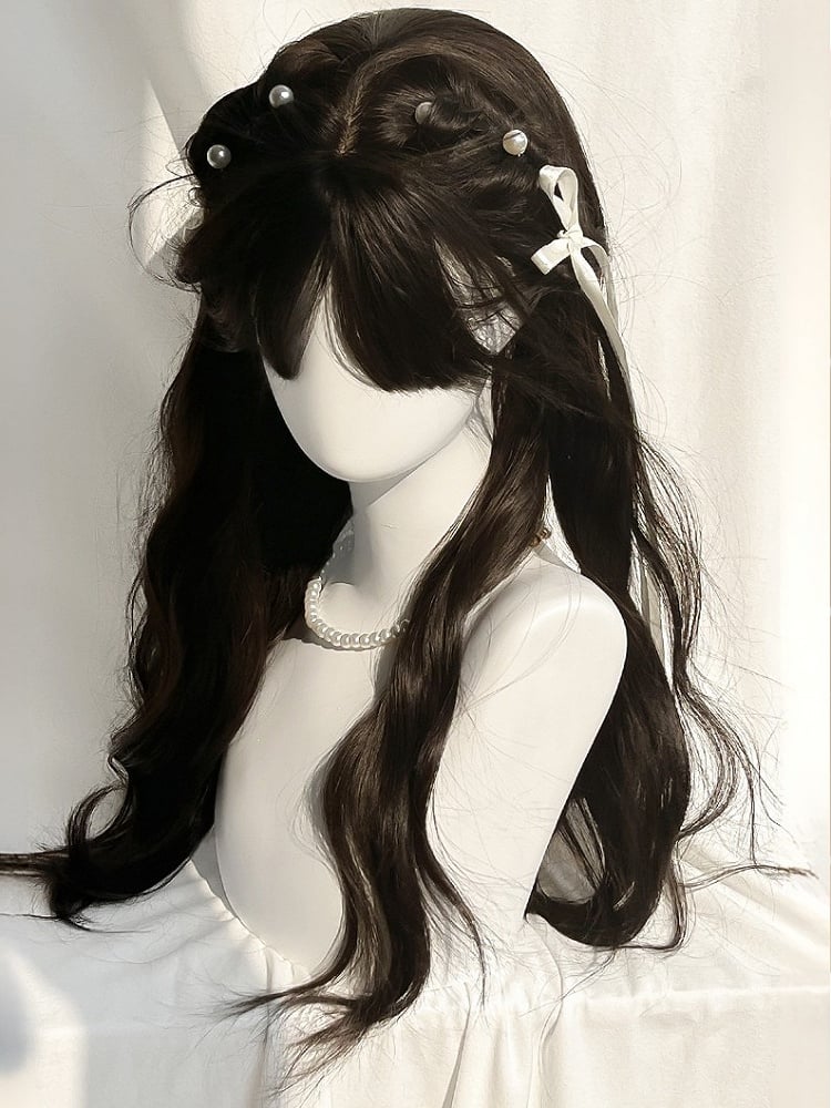 Black Tea 65CM With Length Wig Bangs Wavy
