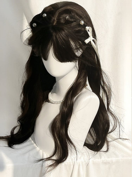 Black Tea 65CM With Length Wig Bangs Wavy