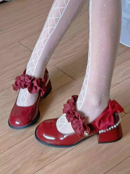 Polished Wine Red Round Toe Ruffle Trim Block Heel Mary Janes with Beaded Chain