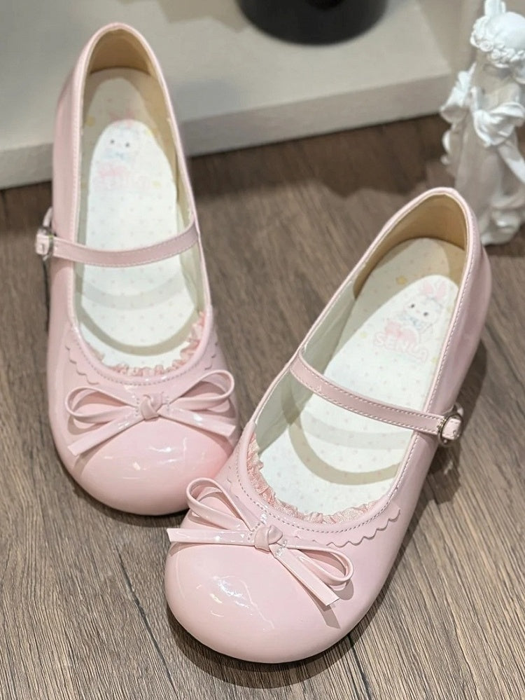 Bow Trim Pink Jane Round - Knotted Top Shoes Sweet Lace Lolita Low-heel Toe Mary