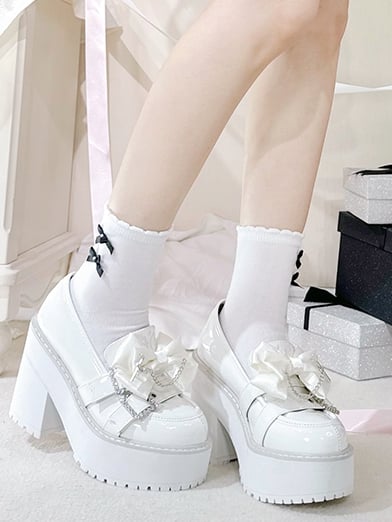 Cross Rhinestoned Kei White Chain Buckles Loafers Decorated Platform Bow Polished Jirai