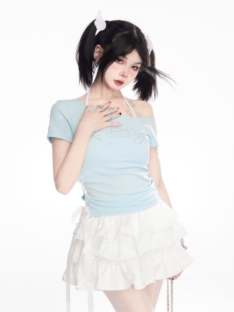 Mint Blue Asymmetrical Neckline Lace-up Rhinestone Letter T-Shirt Side