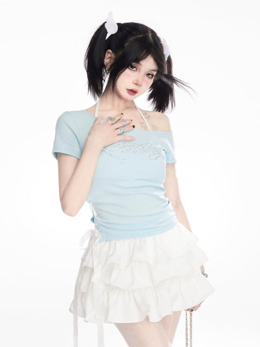 Mint Blue Asymmetrical Neckline Lace-up Rhinestone Letter T-Shirt Side