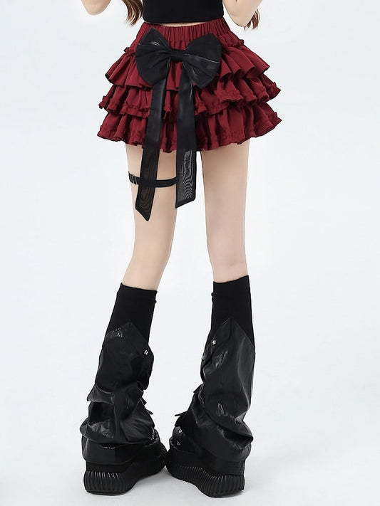 Skirt with Bow Bowknots Sweet Tiered Red Big Free