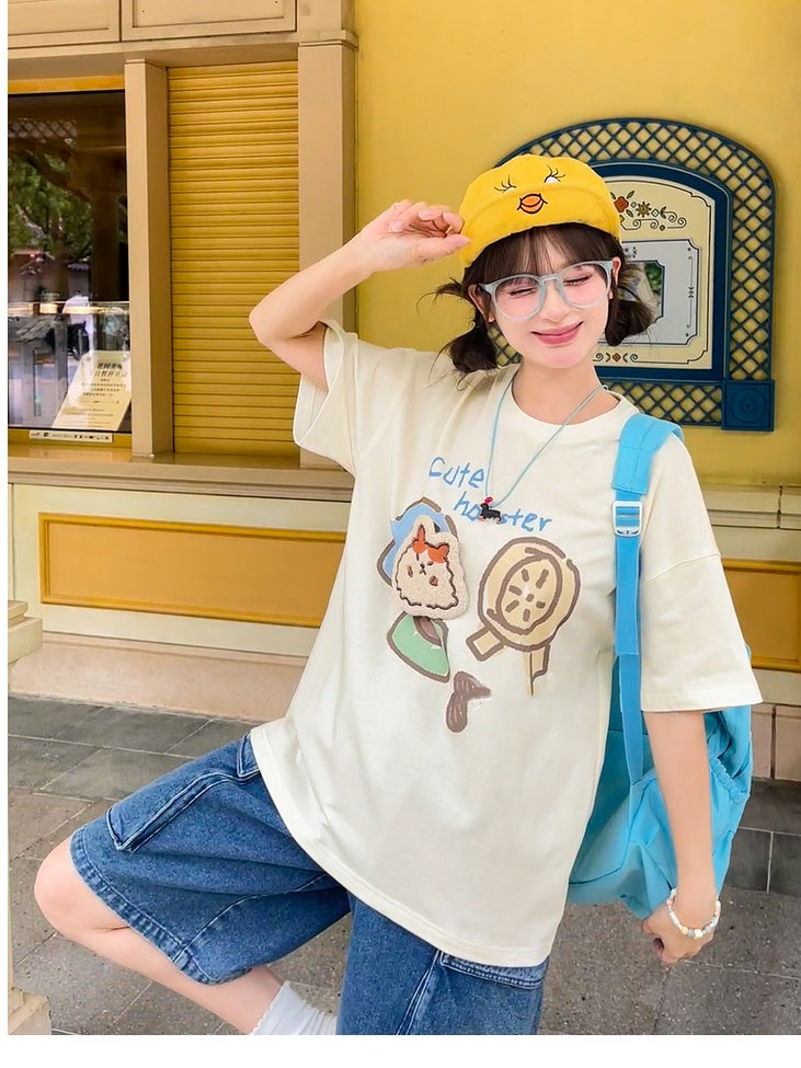 Hamster Applique Loose Beige Round Neck Cute T-Shirt