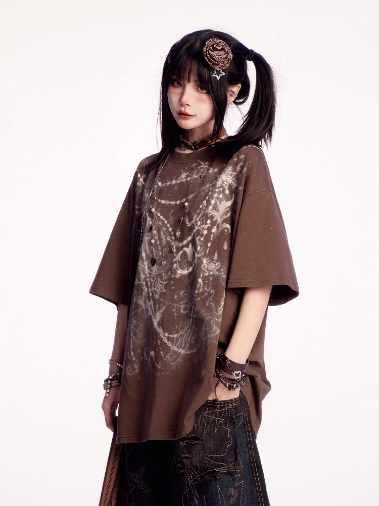 Wasteland Punk Brown Round Neck Graphic T-shirt