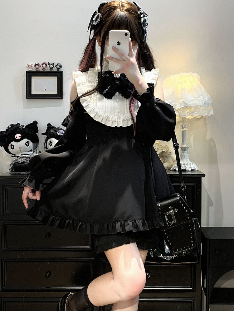 Cutout Jirai Blau/WeißSchwarz/Alle Farben Kei Mit Bluse Schwarz Shorts Schulter Solide