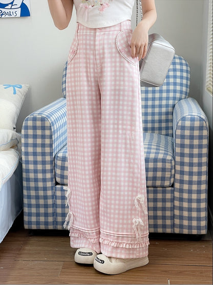 Pink Plaid High Waist Lace Bowknots Wide-Leg Pants Version Regular/Short