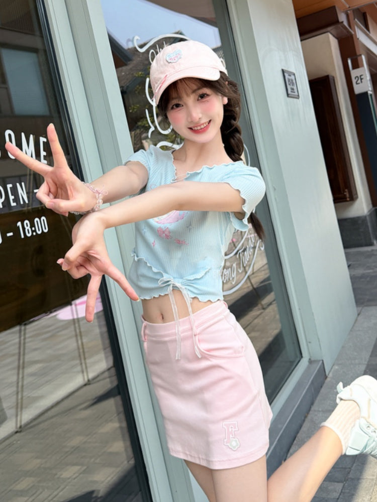 Neckline Pin Sweet T-Shirt Pink/Blue Cake Print Details Hem Lettuce Hem Big Bow