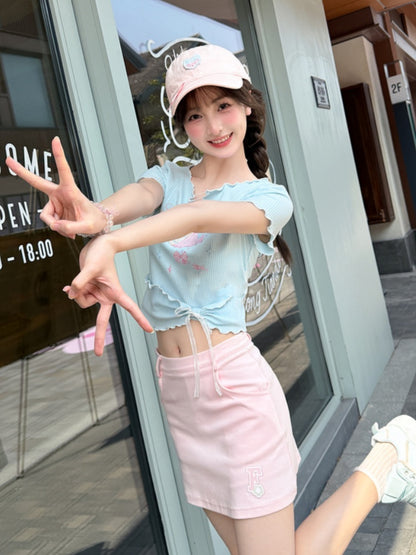 Neckline Pin Sweet T-Shirt Pink/Blue Cake Print Details Hem Lettuce Hem Big Bow
