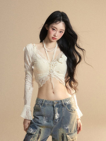 and Floral Embellished Lace Apricot Bell Sleeves Butterfly Set Cropped Top Glamorous Top With