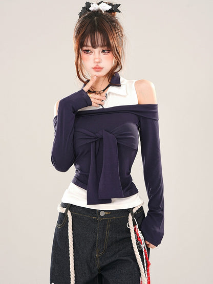 Navy Blue Tie Accent Cutout Shoulder Patchwork Top