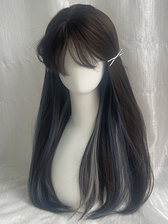Grey And Blue Highlights Long Straight Synthetic Wig With Bangs