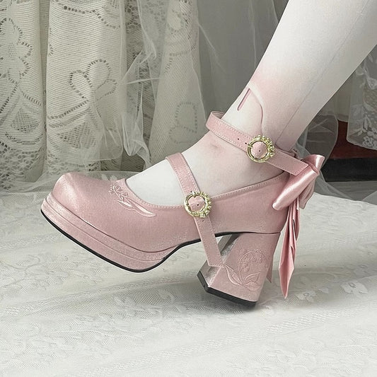 Pink Valley Heels the Detachable Janes Embroidery of Mary Bowknot Lily Middle
