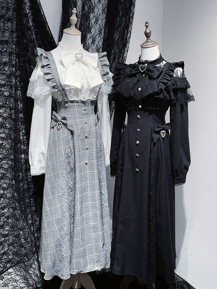 in Overall Sleeves Plaid Long Flutter Black/Gray Detachable Rhinestone Kei Skirt Jirai Accents with Style
