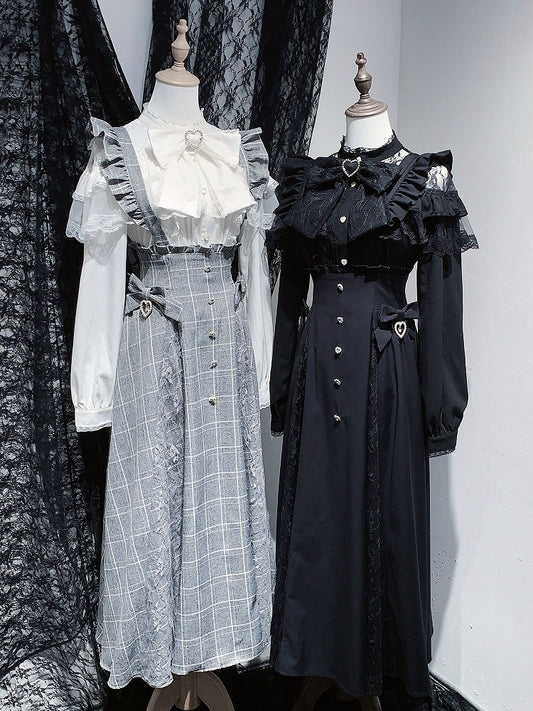 in Overall Sleeves Plaid Long Flutter Black/Gray Detachable Rhinestone Kei Skirt Jirai Accents with Style