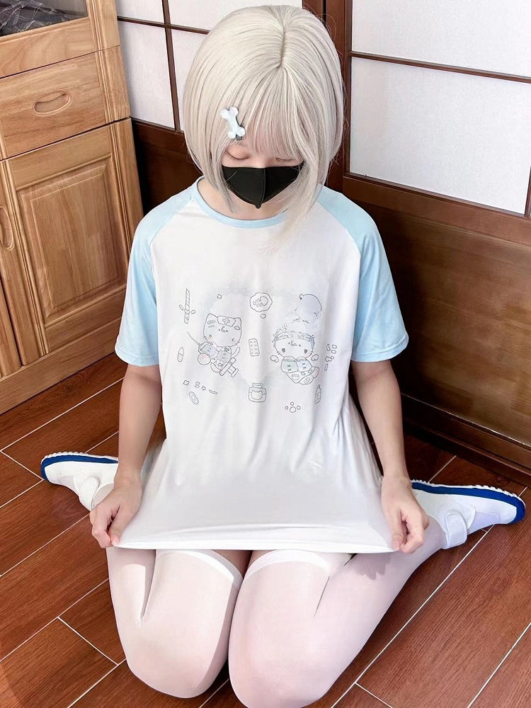 Kaiwai Print Round Kitty T-shirt Tenshi WhiteBlue Neck