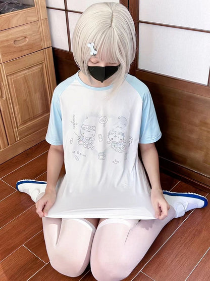 Kaiwai Print Round Kitty T-shirt Tenshi WhiteBlue Neck