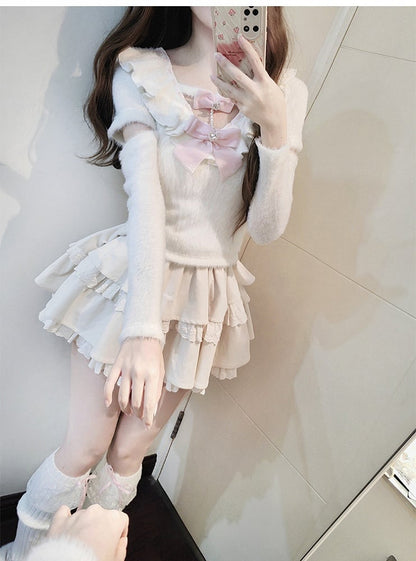 White Ruffle Neckline Cutout Sleeves Sweater with Tiered Skirt and Pink Bows Set