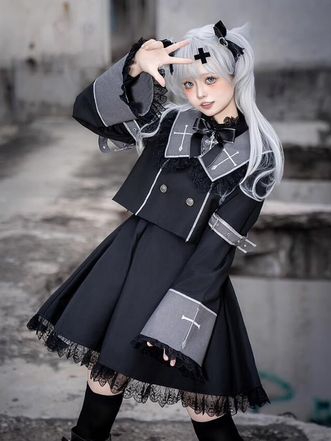 Ouji Long Square and Top Black Lolita Gray Cross Cropped Embroidery Collar Sleeves