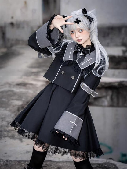 Ouji Long Square and Top Black Lolita Gray Cross Cropped Embroidery Collar Sleeves