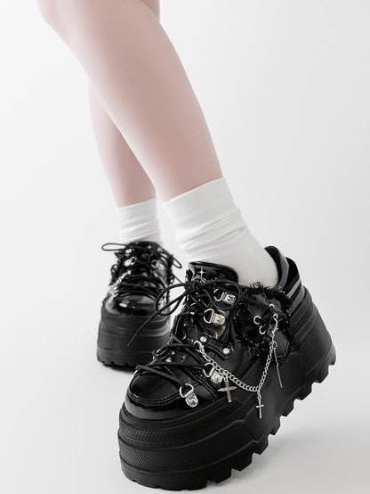 Detachable Black With Punk Front Charm Ties Design Platform Chain Lace-up Cross Shoes