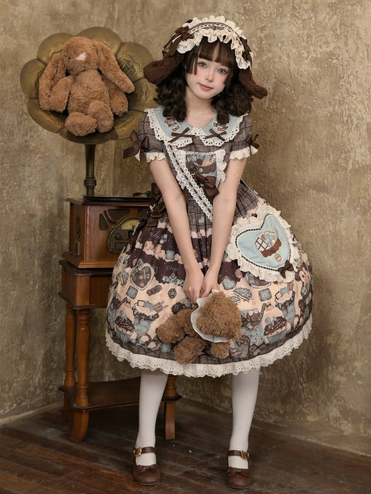 Puppy Sweet Full Cute Lolita Set Brown Waist High and Fluffy Dress Desserts