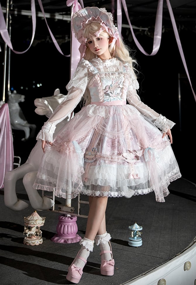 Pink and Blue Curtain Tulle Overlay Flying Horse Skirt Lolita Jumper Skirt