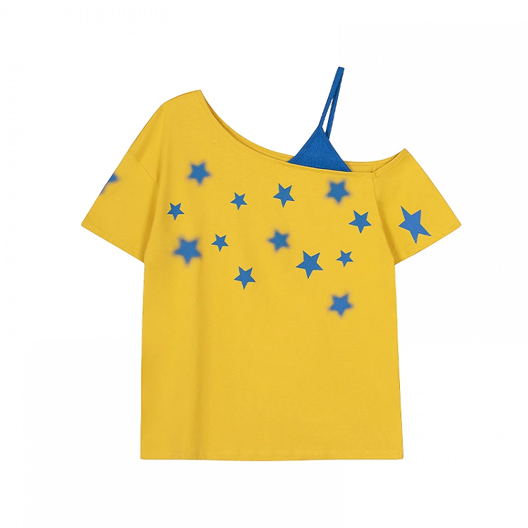 Star Faux Asymmetrisches T-Shirt Blau Print Ausschnitt Gelb