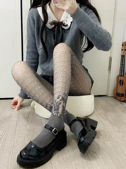 Black Y2K Floral Pattern Hollow-out Tights