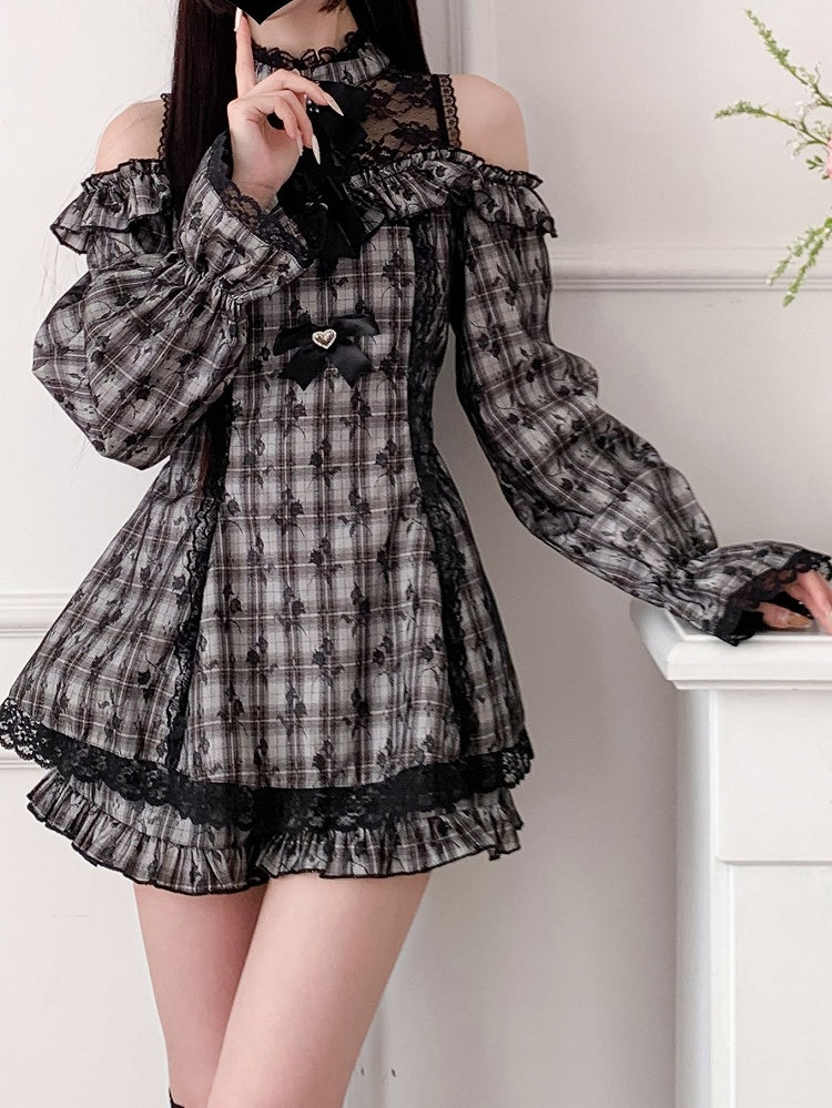 Set Skirt Cutout Shoulder Mini Shorts Jirai Kei Illusion Dress Neckline Plaid with Ruffled Gray Hem