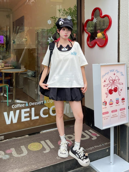 Black Elastic Waist Kitty Bubble Skirt Print