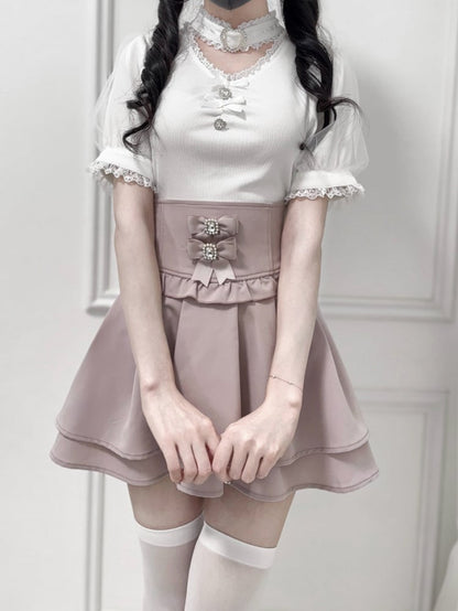 Jirai Kei Blouse Decoration Choker Design White Bowknot and Rhinestone