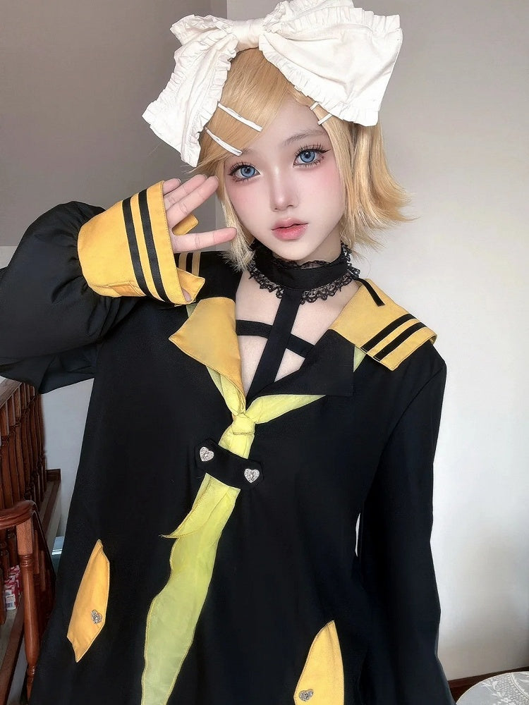 Top Kei Halter Collar Yellow Black Sailor Inspired and Long Jirai Design Bold with Cross