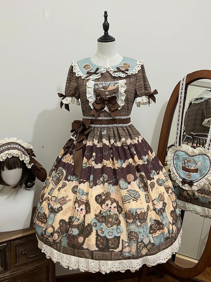 Puppy Sweet Full Cute Lolita Set Brown Waist High and Fluffy Dress Desserts