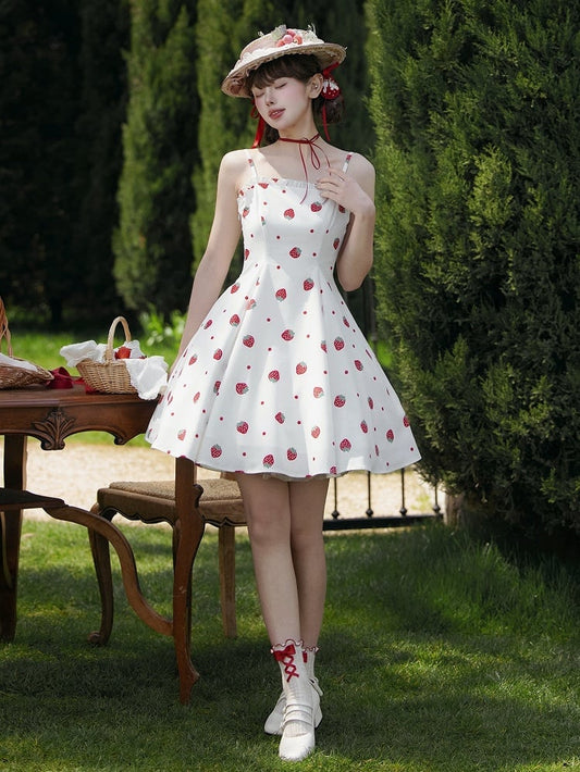 and White JSK Sweet Dress Polka Dots Summer Lolita Strawberry Sun Print