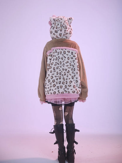 Brown and Pink Leopard Kitty Ears Hooded Plush Jacket