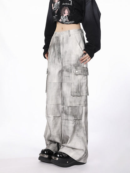 Cargo Wide-Leg Jeans with Utility Pockets White  Gray Tie-Dye