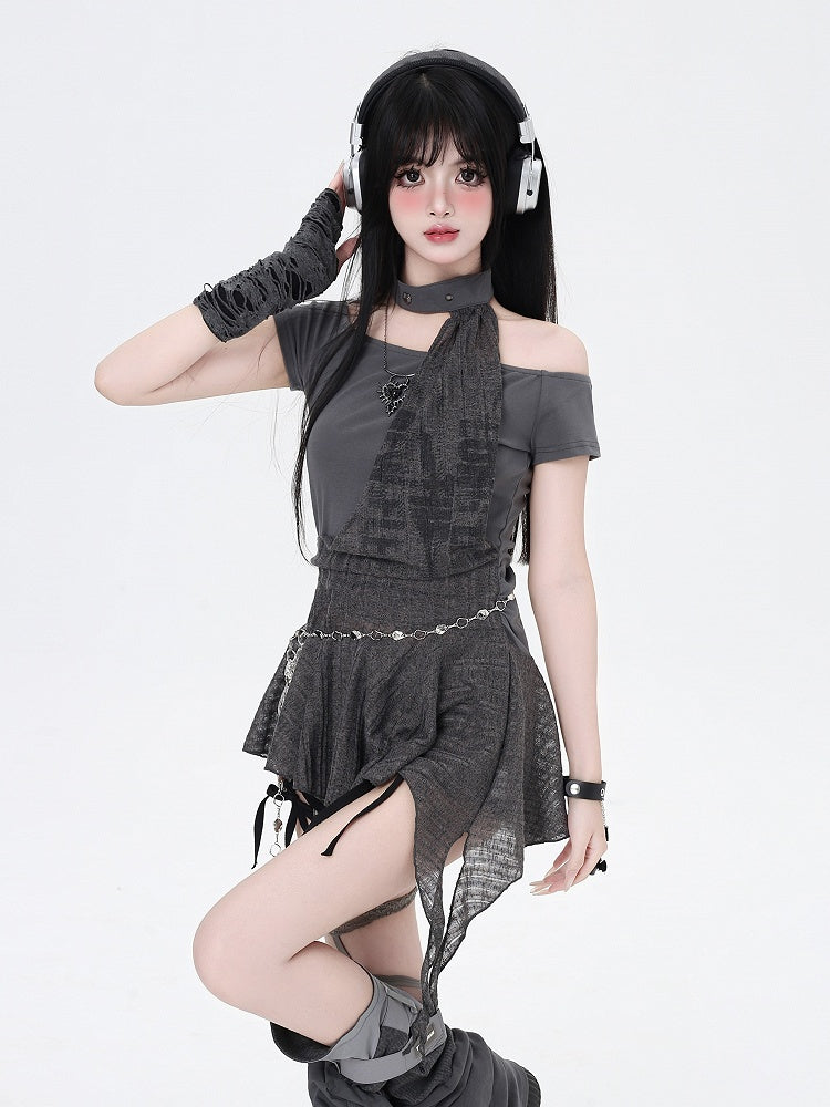 and Dress All-in-one Glamorous Mini Punk Gray Asymmetrical Neckline and Choker Hem