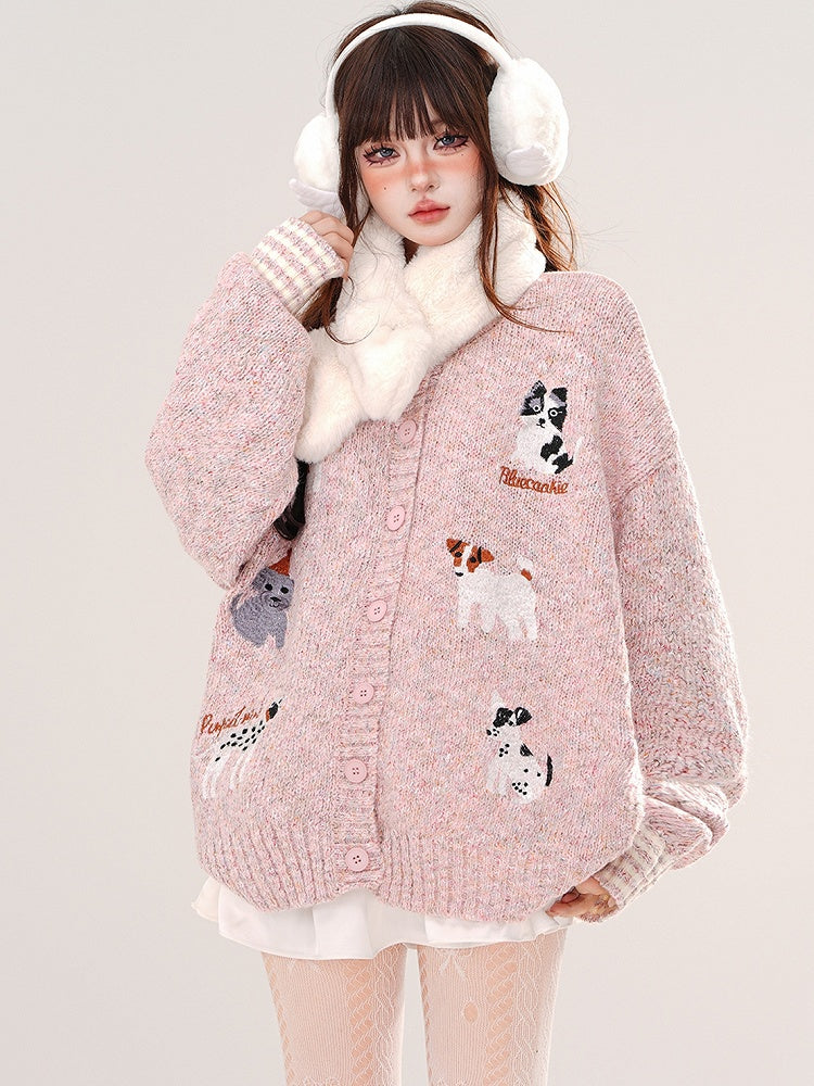 Pink/Coffee Cute Puppies Round Neck Loose Cardigan