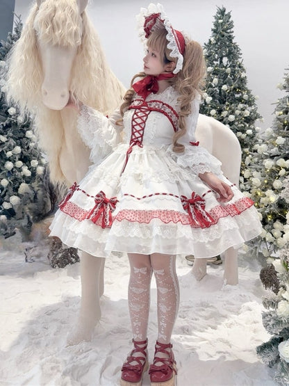White and Wine Red Lace-up Bow Accents Lace Trim Sweet Princess Dress Lolita Jumper Skirt