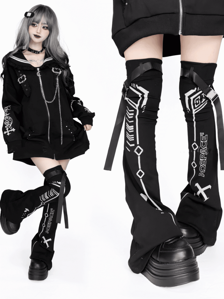 Reflective Leg Warmers Black Cyberpunk Design Techwear Flared Print
