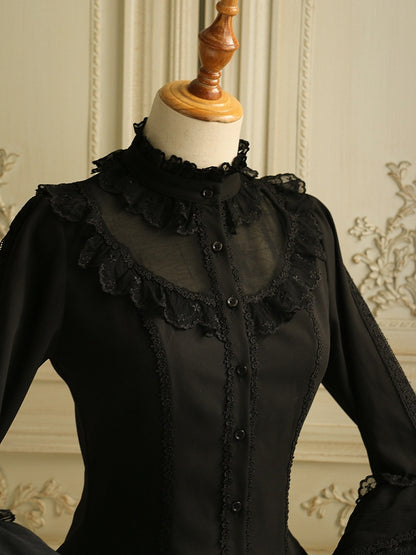 Black Jabot Tie Ruffle Neckline Long Bell Sleeves Blouse