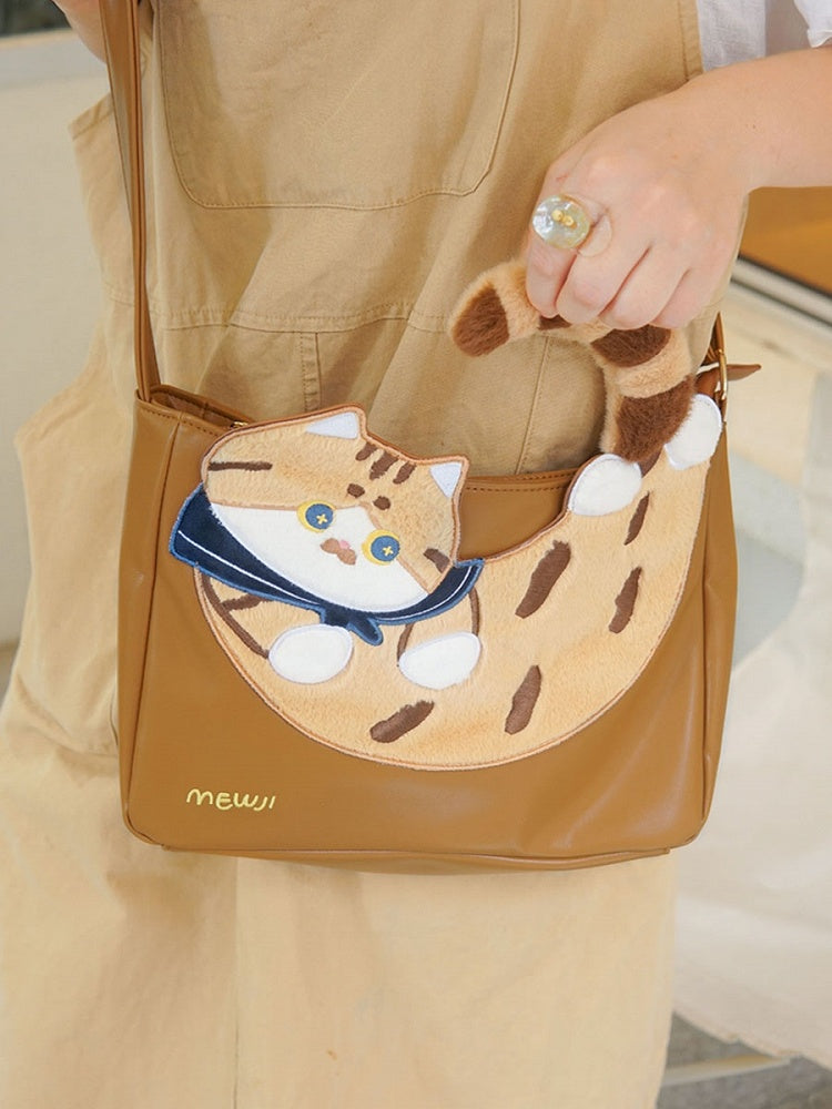 Cute Cat Design Brown Crossbody Bag