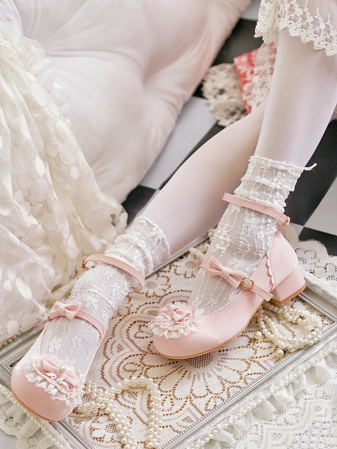 Toe Trim Heart Top Lace Bow Pink at Baby Buckles Lolita Round