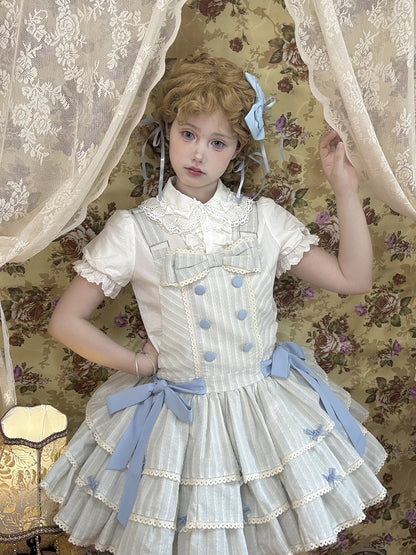 Sweet Ruffle Layered Striped Dress Bow with Accents Overall Blue Lolita
