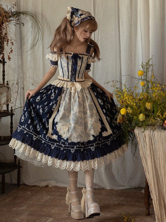 Blue Open Shoulders Cabins Corset Top + Dark Blue Floral Print Lolita Skirt