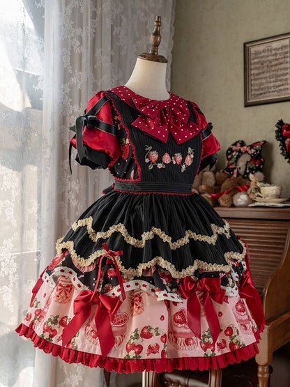 Strawberry Print Black and Red Sweet Polka-dots Peter Pan Collar Lolita Dress