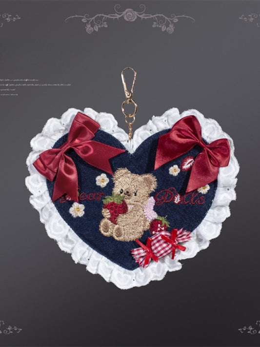 Trim Bear and Strawberry Embroidery Bows Navy Blue Lace Ruffled Heart-Shaped Charm