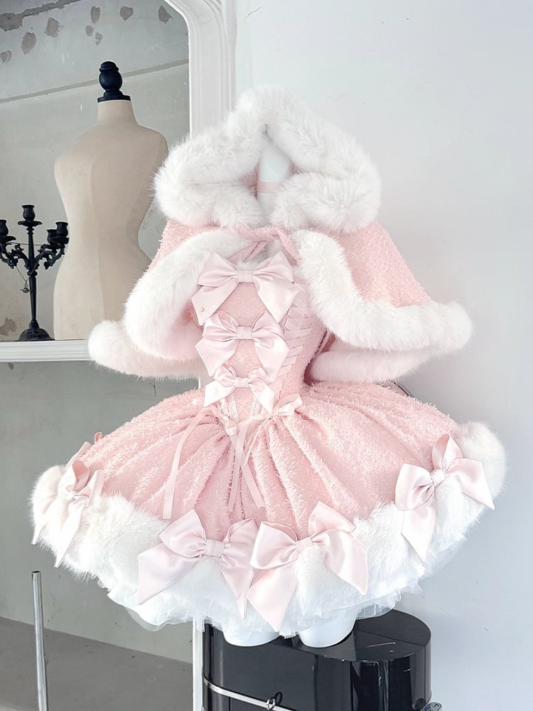 V-Day Pink Bows Plush Neckline and Hemline Boning Dress + Cape Full Set